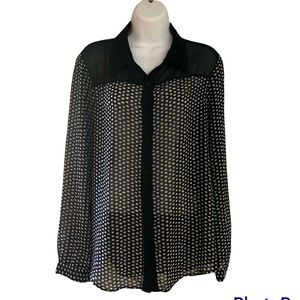 ZAC & RACHEL WOMEN LARGE Black White Blouse Top Shirt Sheer button down